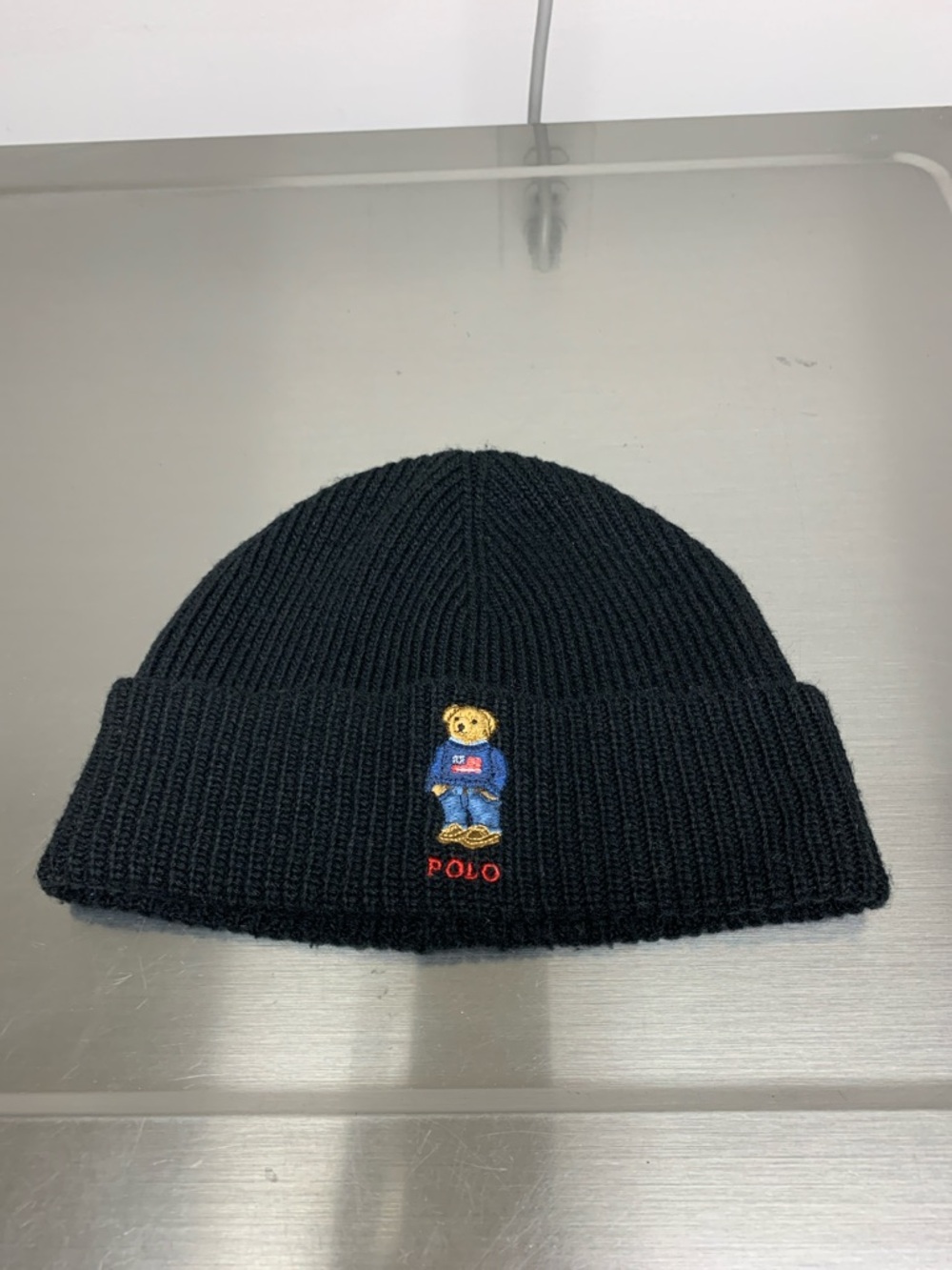 Ralph Lauren Black Rib Knit Beanie with Blue & Gold Label